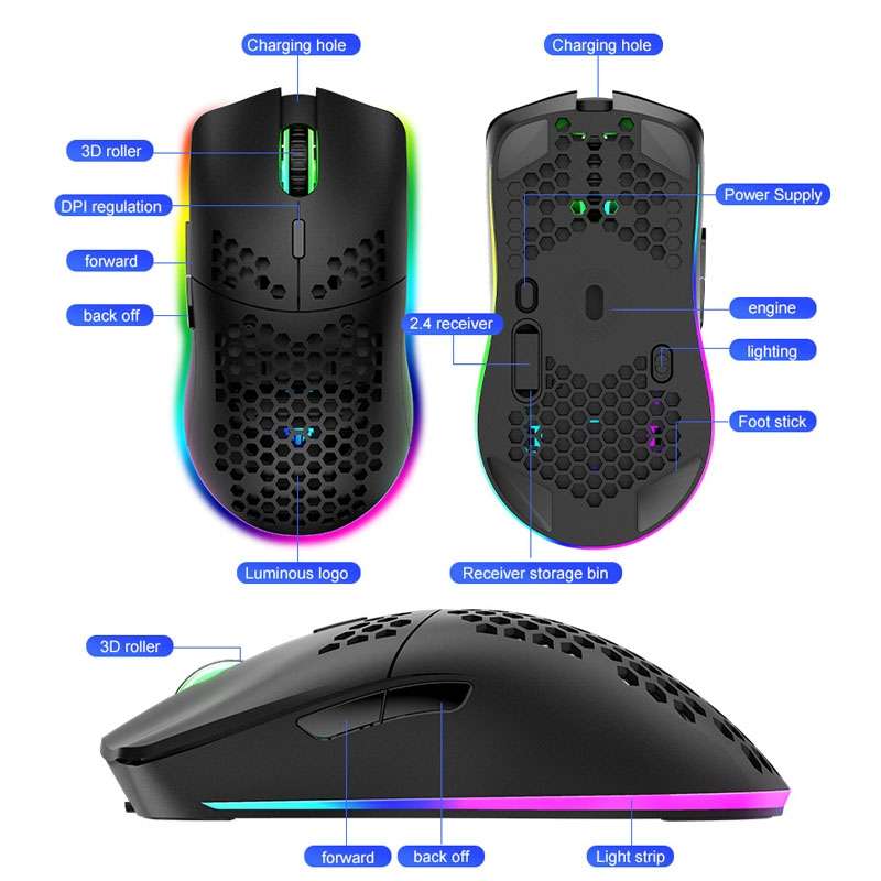 XUNSVFOX XYH80 Hollow Hole Rechargeable Wireless Gaming Mouse RGB Light Computer Office Mouse(White)