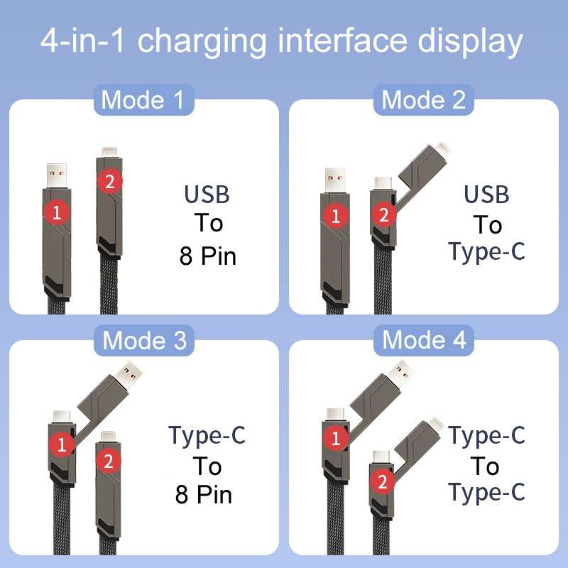 Mechatronic 4 In 1 Charging Cable Cell Phone Fast Charging Data Cords, Length: 1m(Silver Gray)