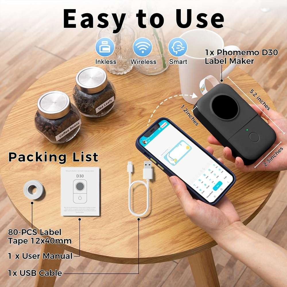 Phomemo D30 Thermal Label Printer Portable Bluetooth Mini Label Maker Machine With 1 Roll Paper Blac