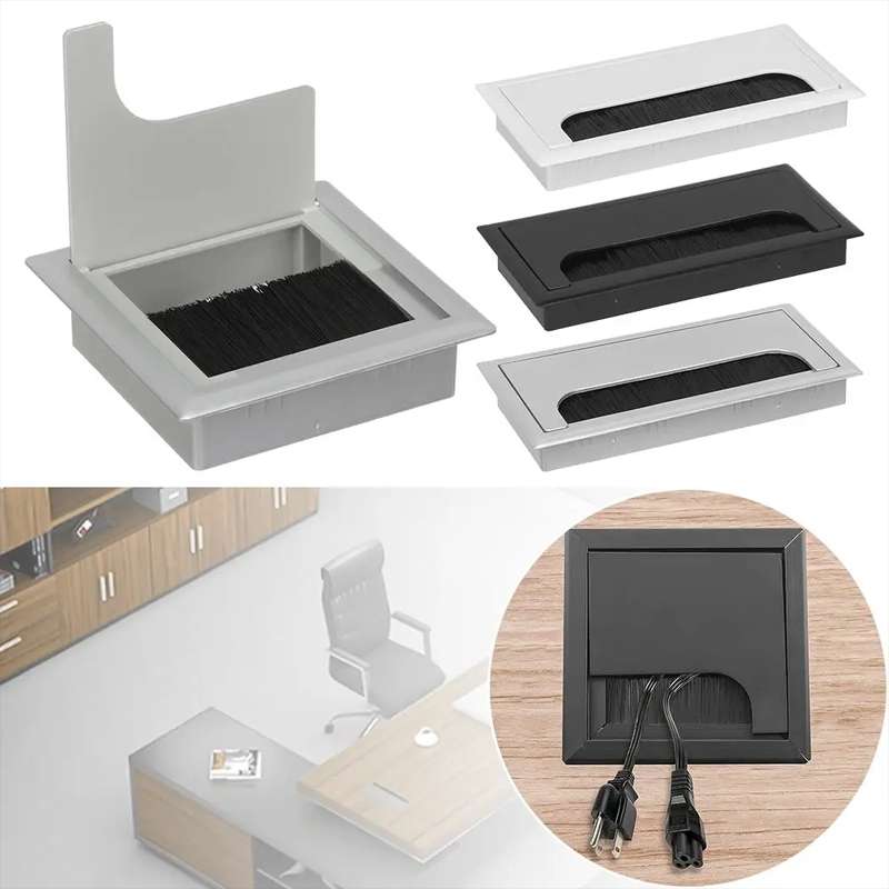 ABS Table Rectangle Wire Hole Cover Outlet Port With Brush PC Desk Cable Organi ... 80x160mm Black