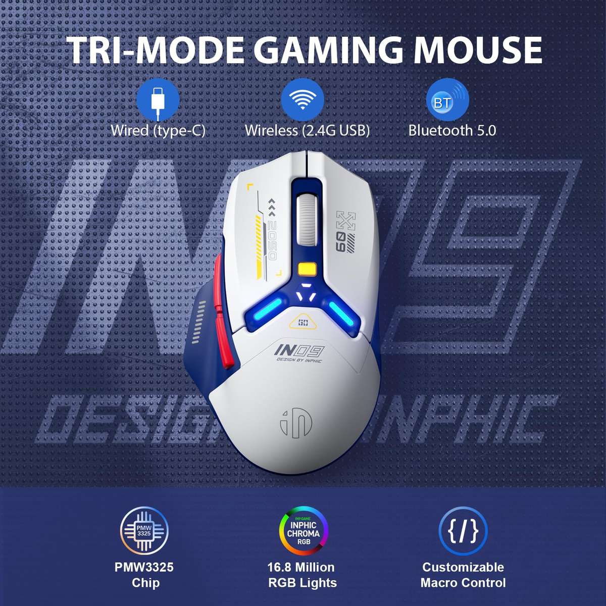 Inphic IN9 Tri-mode Wireless Bluetooth Gaming Office Computer Mouse(White)