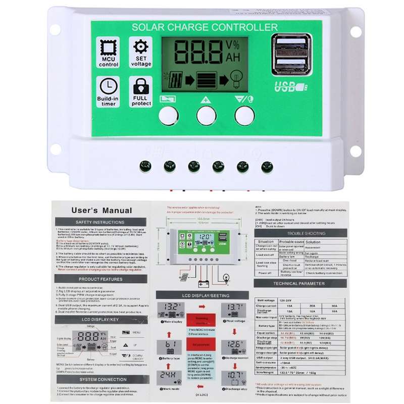 30A 12V PWM Solar Cell Panel Charger Controller Lithium-ion Lead-acid Battery Solar Controller