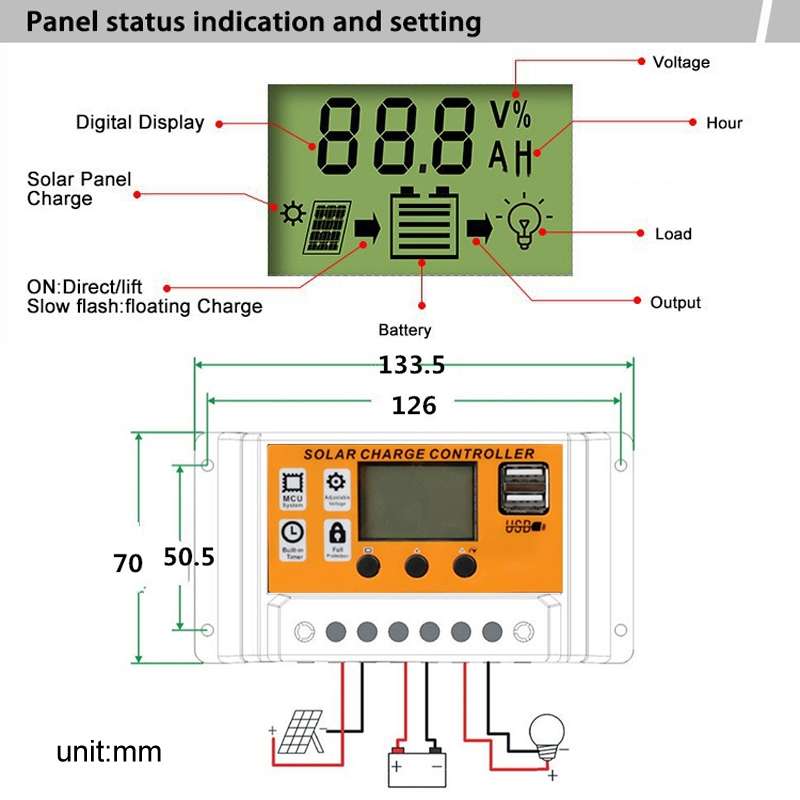 20A 12V/24V Simple Solar Controller Light Time Control Solar Panel Regulator Controller With USB