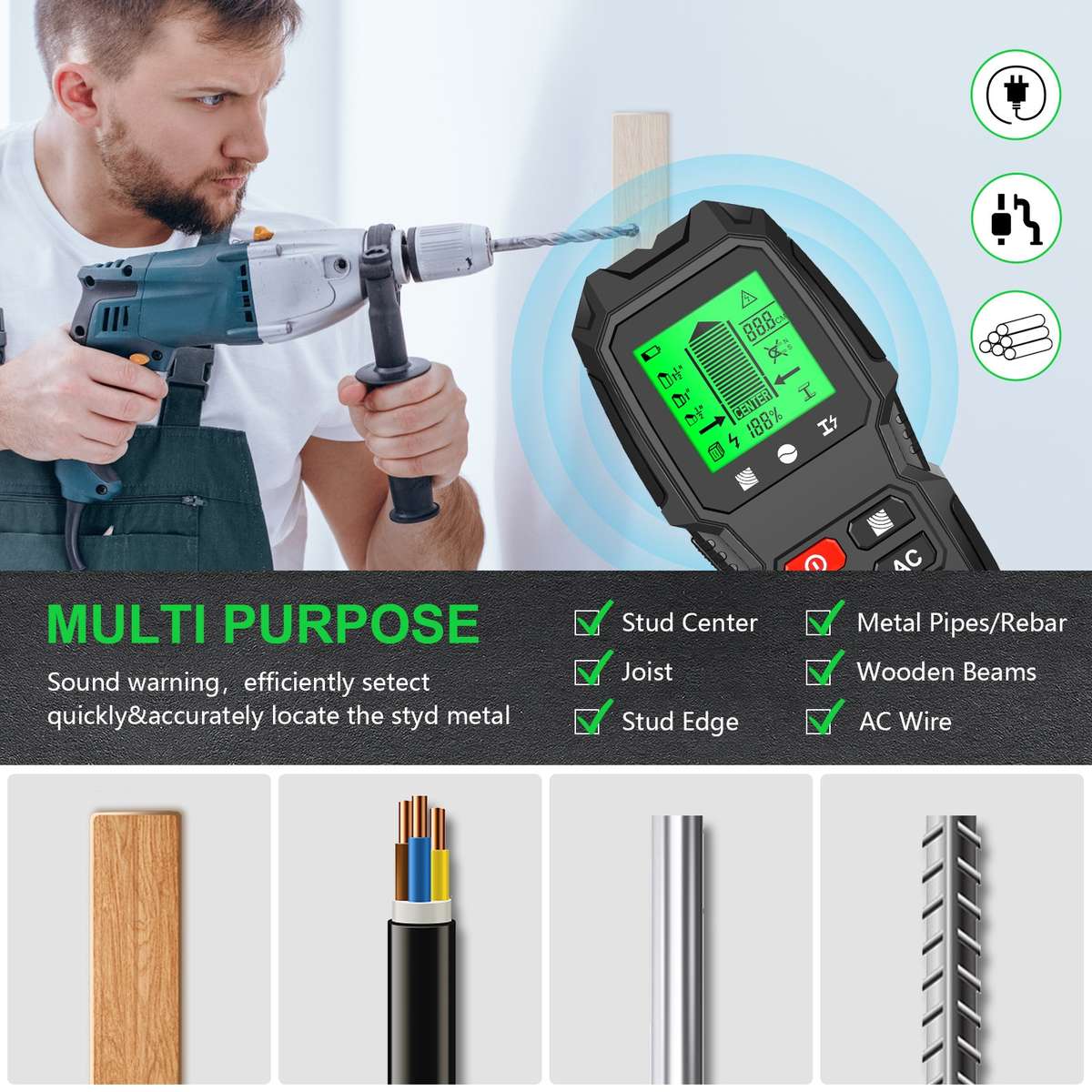 HW-QB6 5 In 1 Wall Scanner Handheld Stud Finder Wood Current Metal Live Wires Detection(Black)