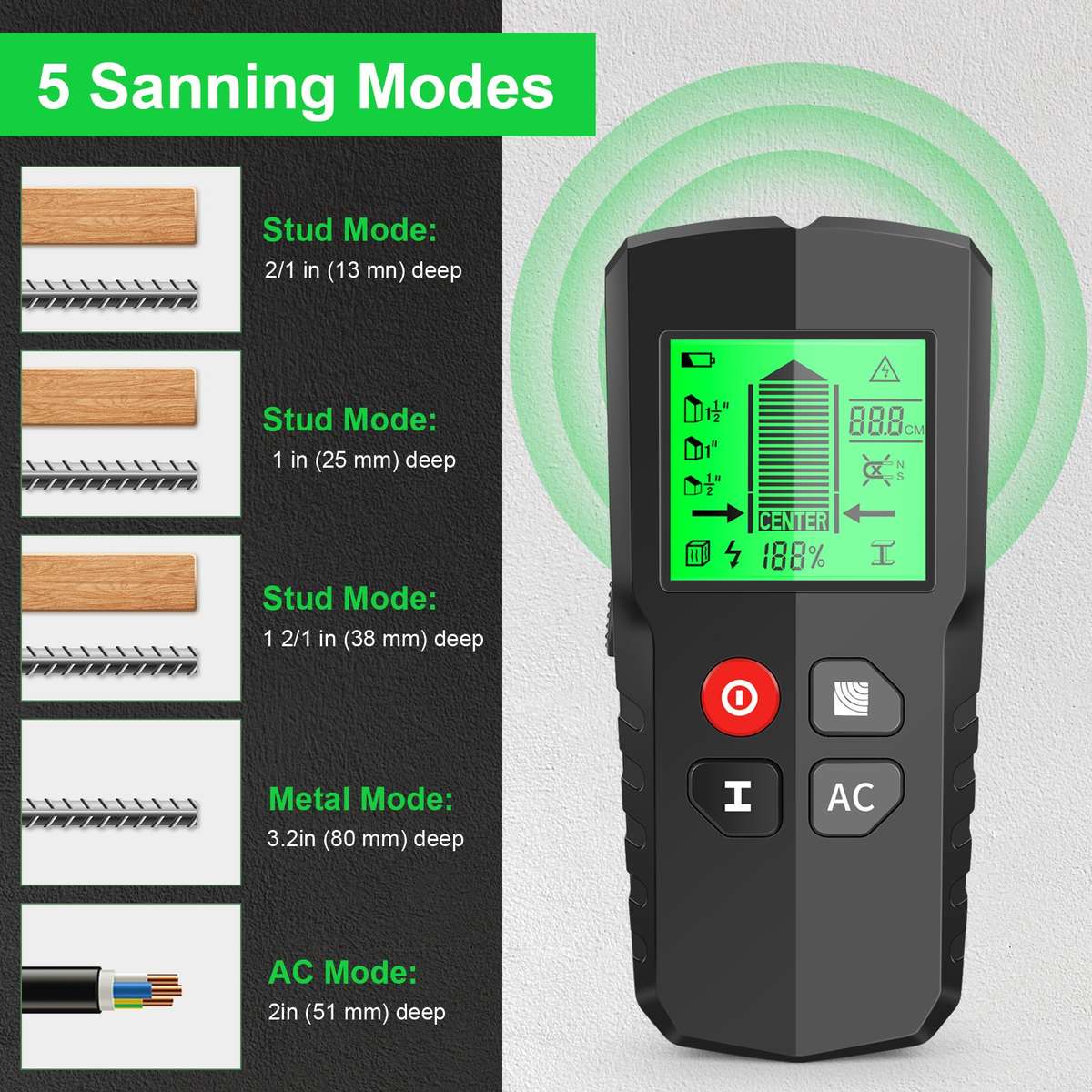 HW-QB5 5-In-1 Wall Stud Detector Wood Current Metal AC Wires Detection