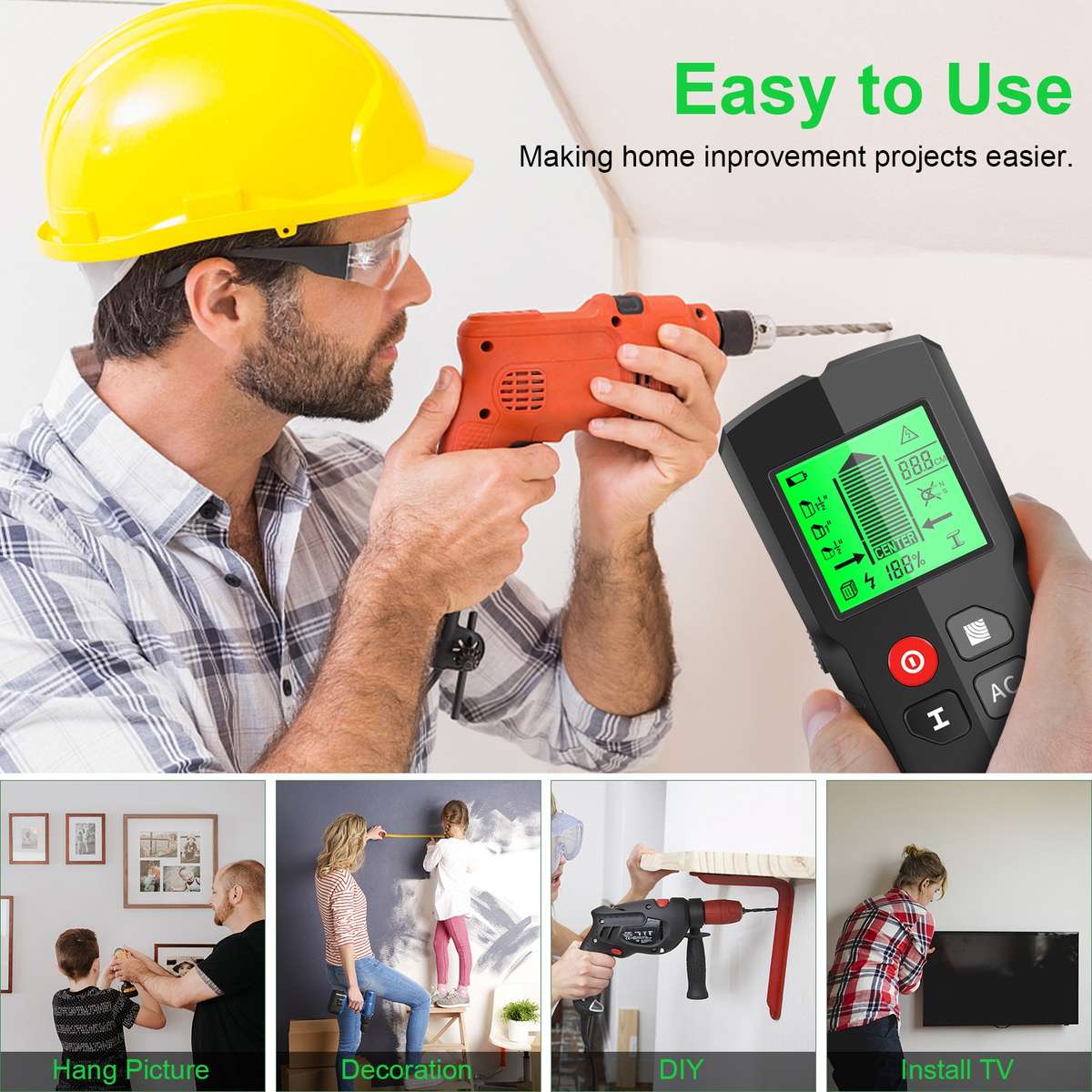 HW-QB5 5-In-1 Wall Stud Detector Wood Current Metal AC Wires Detection