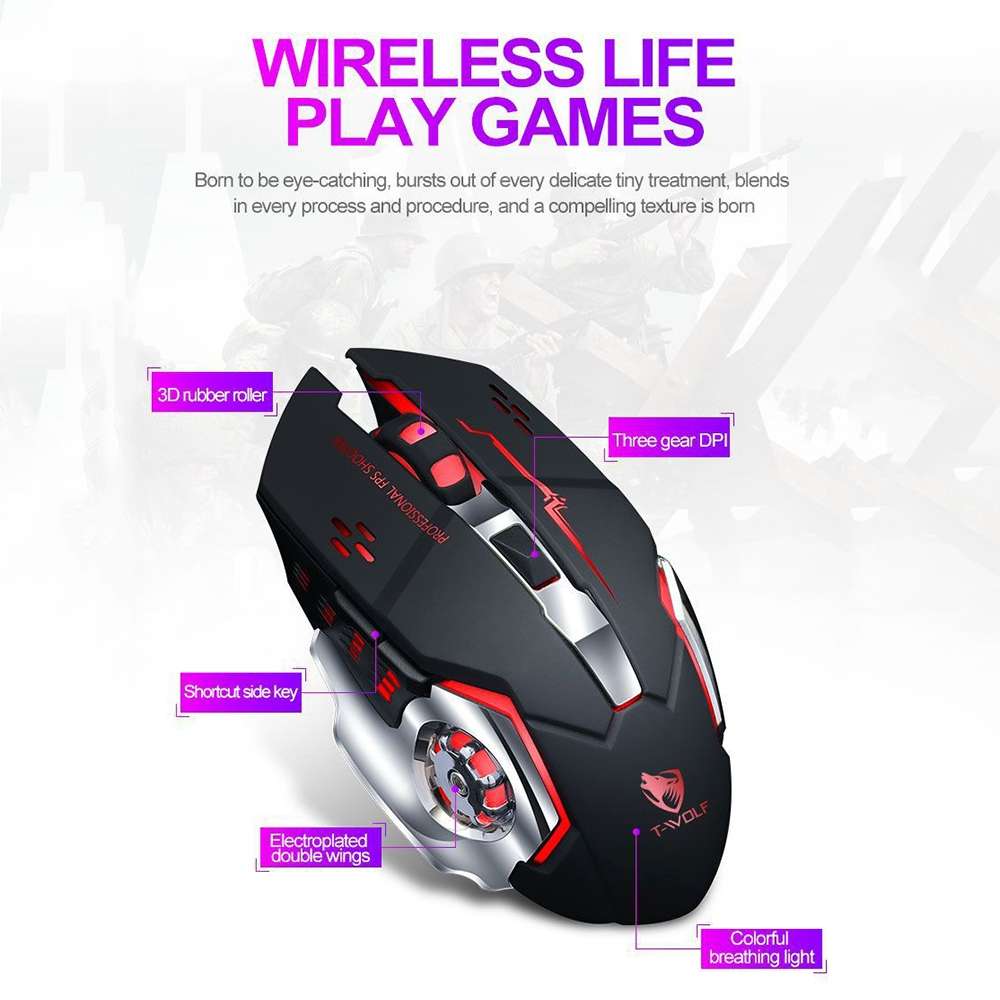 T-WOLF Q13 2.4GHz 6-keys RGB Colorful Light Gaming Wireless Mouse, Color: Dual Mode White