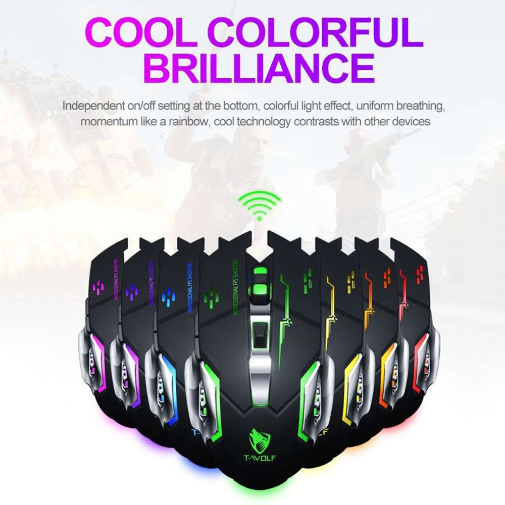 T-WOLF Q13 2.4GHz 6-keys RGB Colorful Light Gaming Wireless Mouse, Color: Dual Mode White