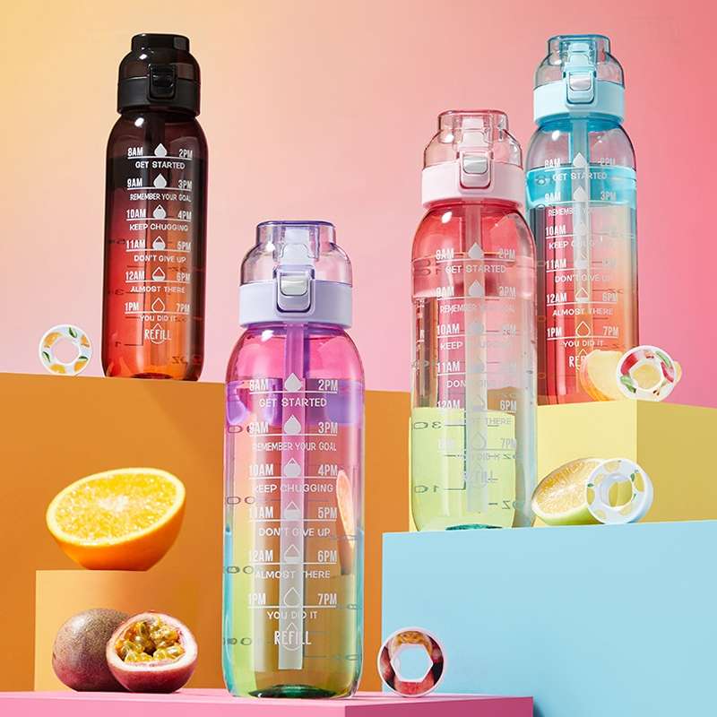 1000ml Large Capacity Fruity Water Bottle With 7 Flavor Rings Straw Drinking Cup ... (Clear Pink)
