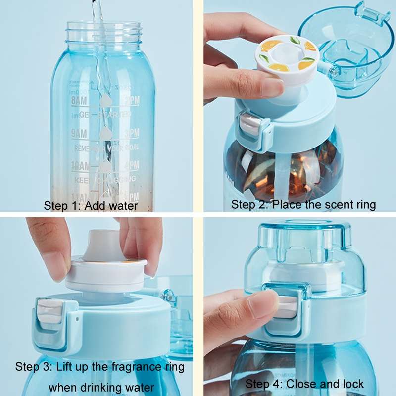 1000ml Large Capacity Fruity Water Bottle With 7 Flavor Rings Straw Drinking Cup ... (Clear Pink)