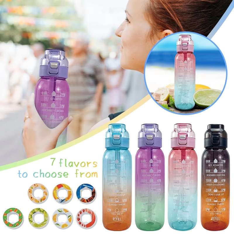 1000ml Large Capacity Fruity Water Bottle With 7 Flavor Rings Straw Drinking Cup ... (Clear Pink)