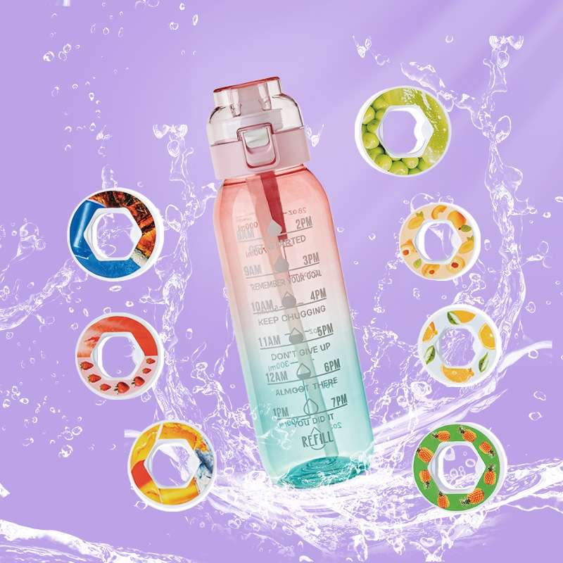 1000ml Large Capacity Fruity Water Bottle With 7 Flavor Rings Straw Drinking Cup ... (Clear Pink)