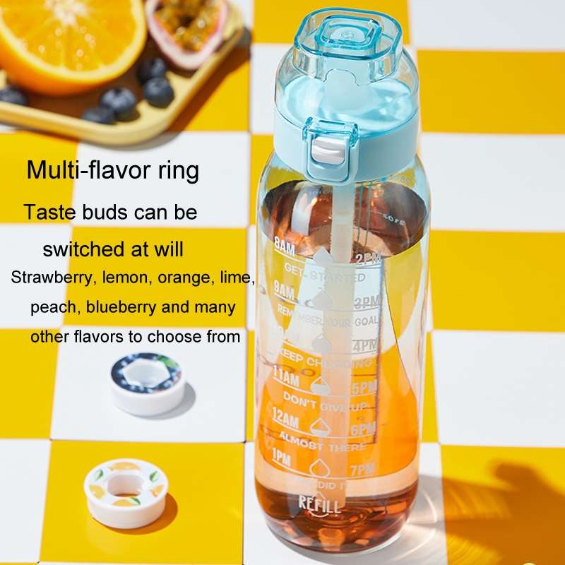 1000ml Large Capacity Fruity Water Bottle With 7 Flavor Rings Straw Drinking Cup ... (Clear Pink)