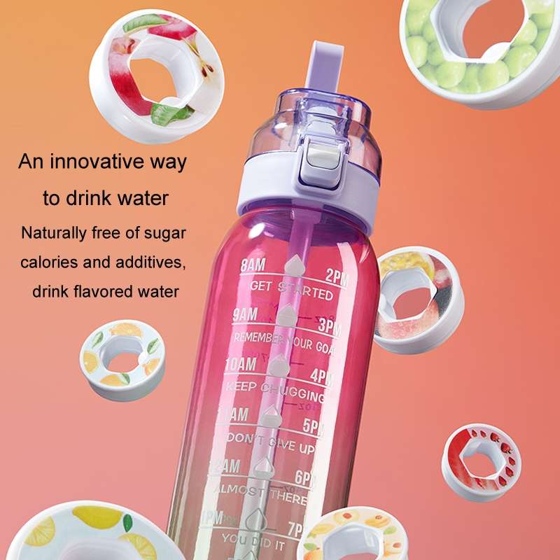 1000ml Large Capacity Fruity Water Bottle With 7 Flavor Rings Straw Drinking Cup ... (Clear Pink)