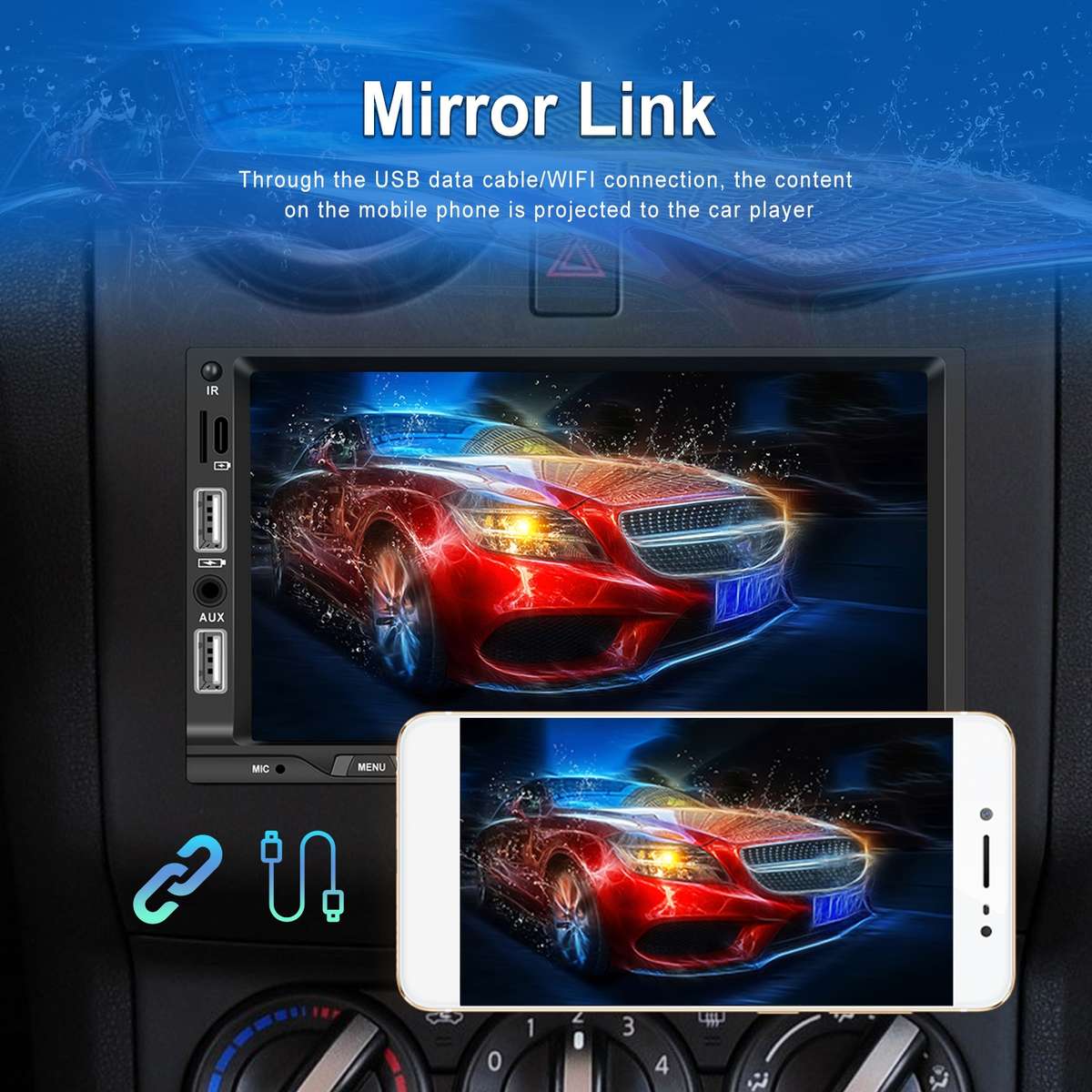 7-inch Double Din Car MP5 Player Support CarPlay/Android Auto/Mirror Link/Bluetooth With AHD Camera