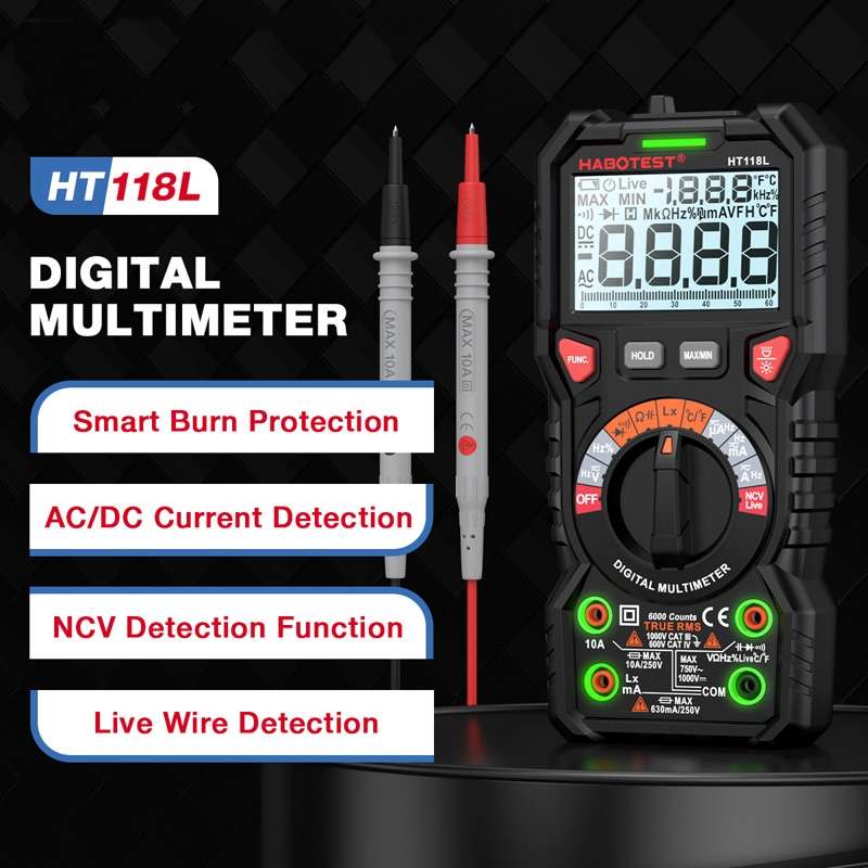 HABOTEST HT118L Mini High Precision Intelligent Anti-Burning Electrician Multimeter(Black)