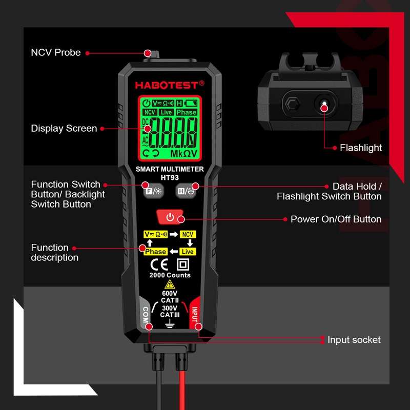 HABOTEST HT93 Phase Sequence Detection Intelligent Anti-Burn-In Fully Automatic Multimeter(Black)