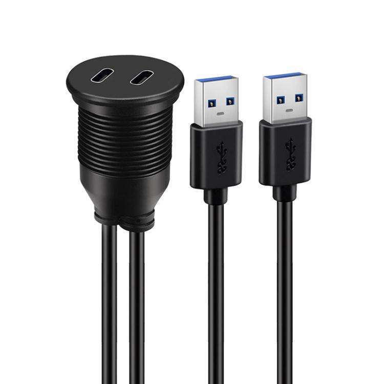 1m Dual Type-C 3.0 Female To USB A Male Car Waterproof Cable Modified Panel Extension Cord
