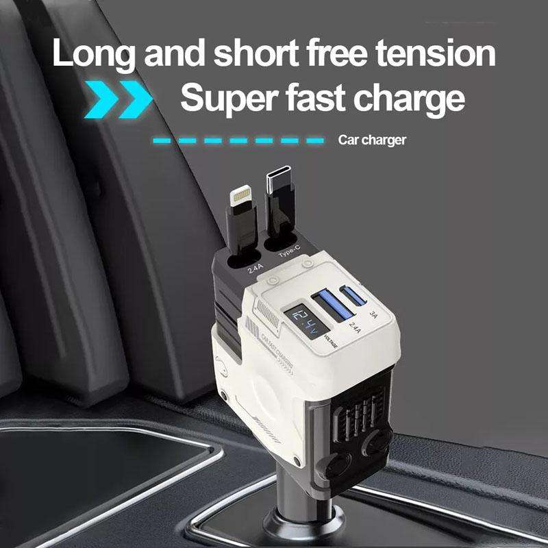 A1 Car 4 In 1 Digital Fast Charger With Retractable Cable(White)