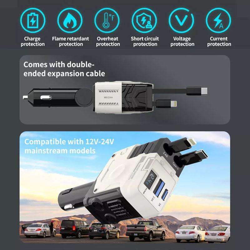 A1 Car 4 In 1 Digital Fast Charger With Retractable Cable(White)