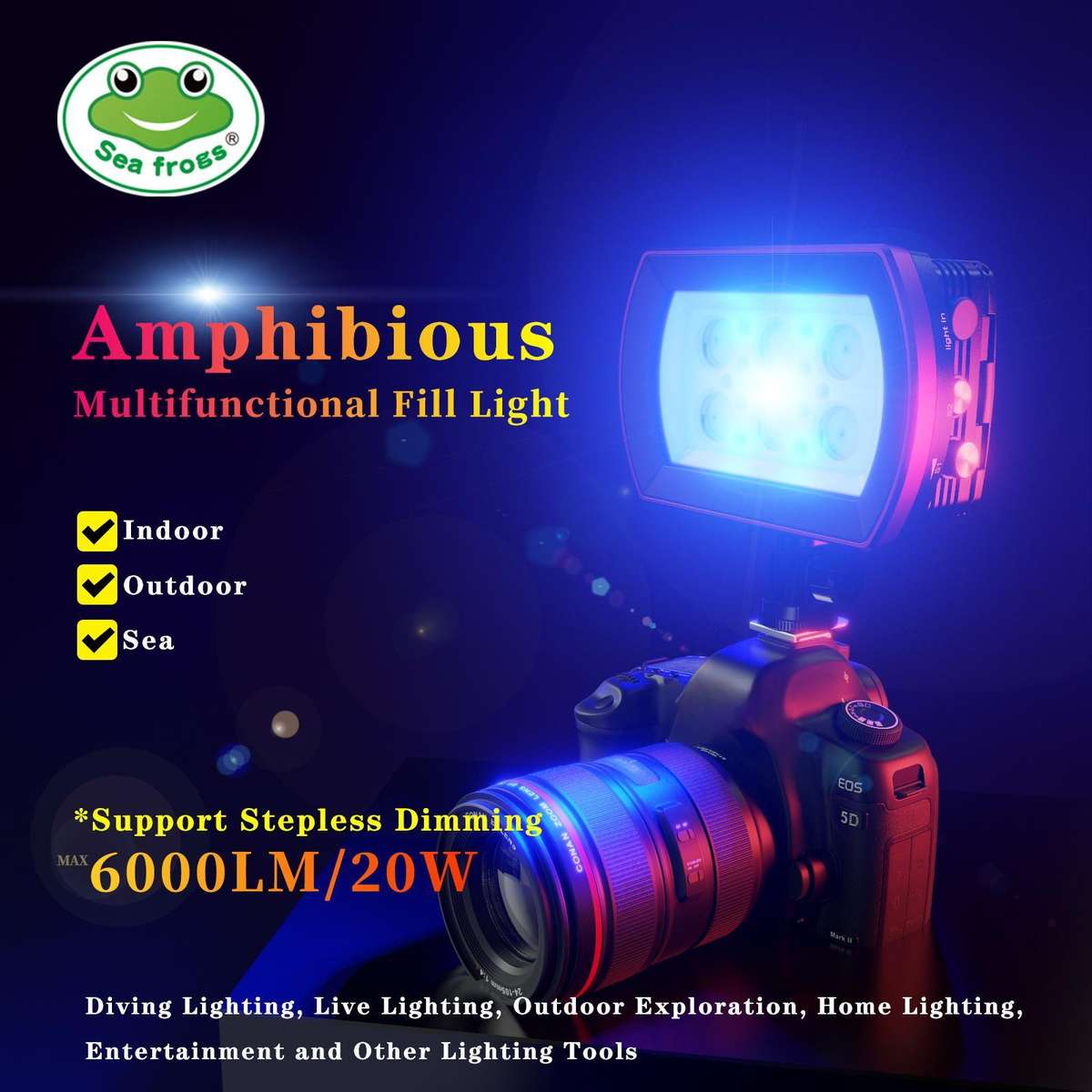 Sea Frogs 40M/130FT 6000 Lumen Underwater Photography Light(Black)