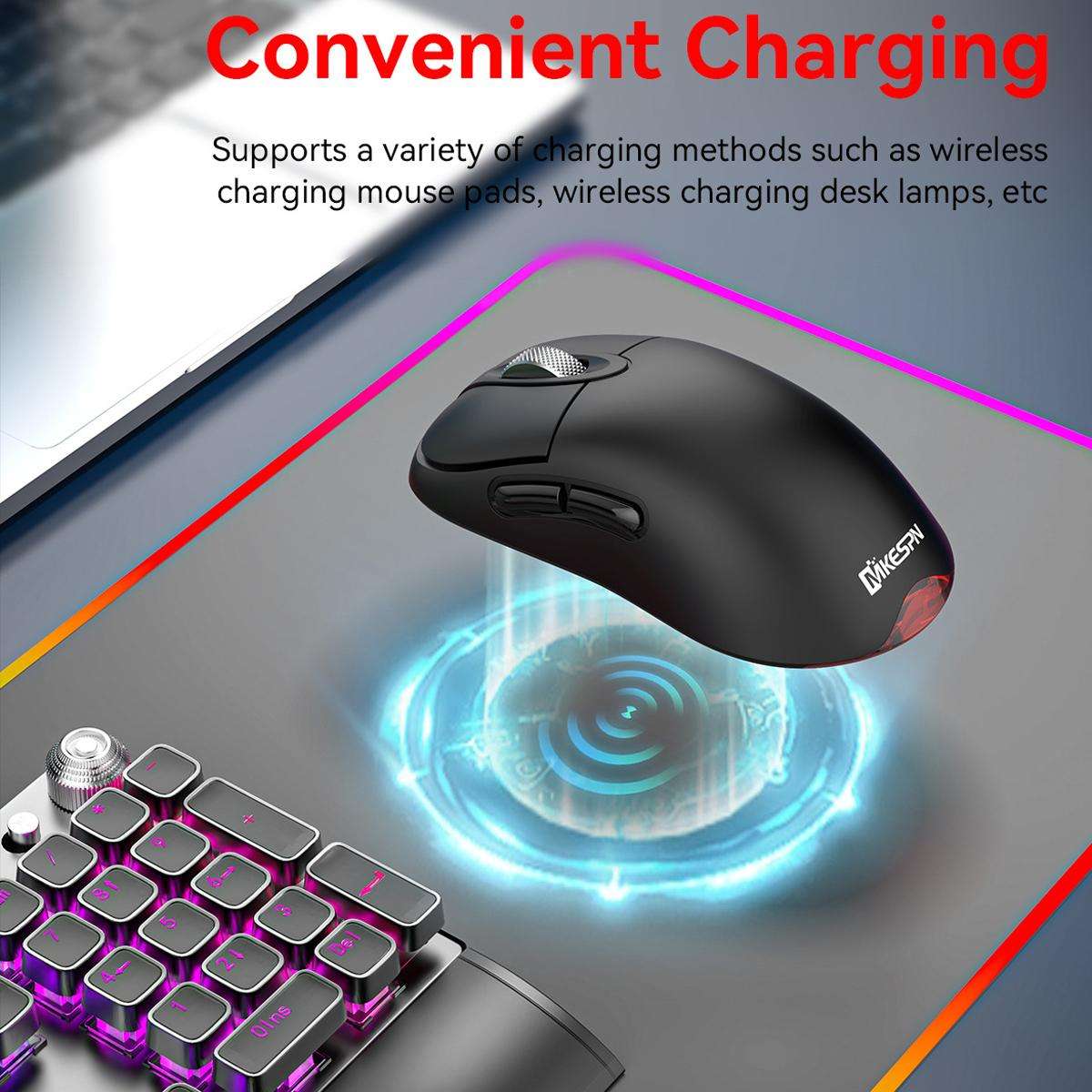MKESPN Tri-Mode Wireless Gaming Mouse 24000 DPI, 6 RGB Lighting Modes, Rechargeable, Macro Programma