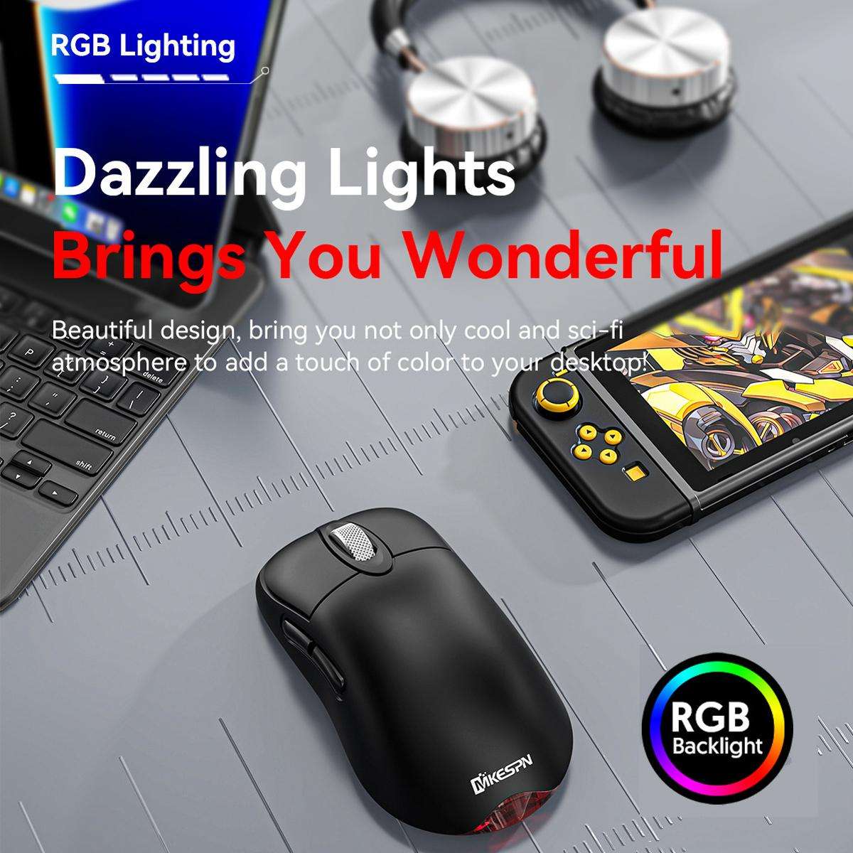 MKESPN Tri-Mode Wireless Gaming Mouse 24000 DPI, 6 RGB Lighting Modes, Rechargeable, Macro Programma