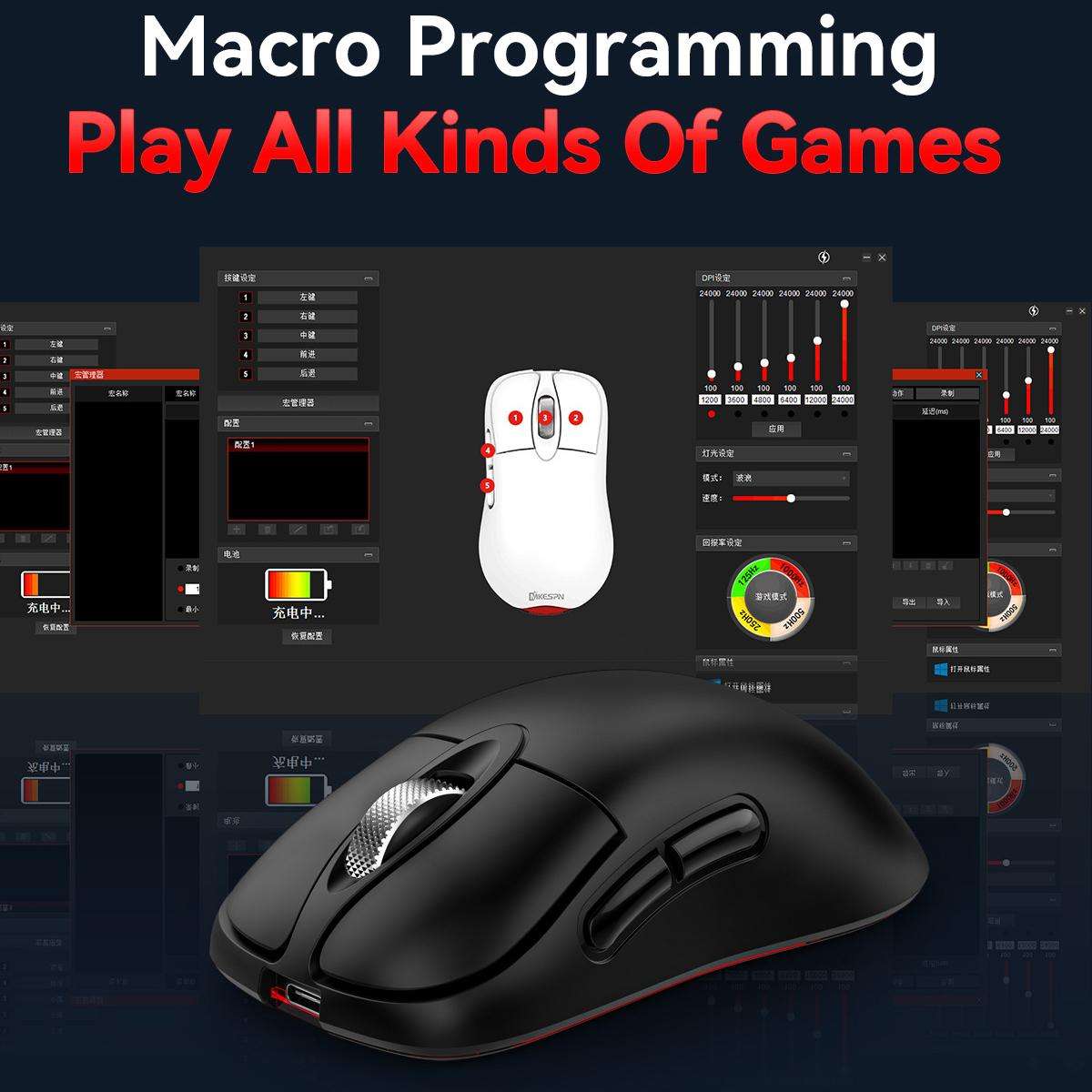 MKESPN Tri-Mode Wireless Gaming Mouse 24000 DPI, 6 RGB Lighting Modes, Rechargeable, Macro Programma