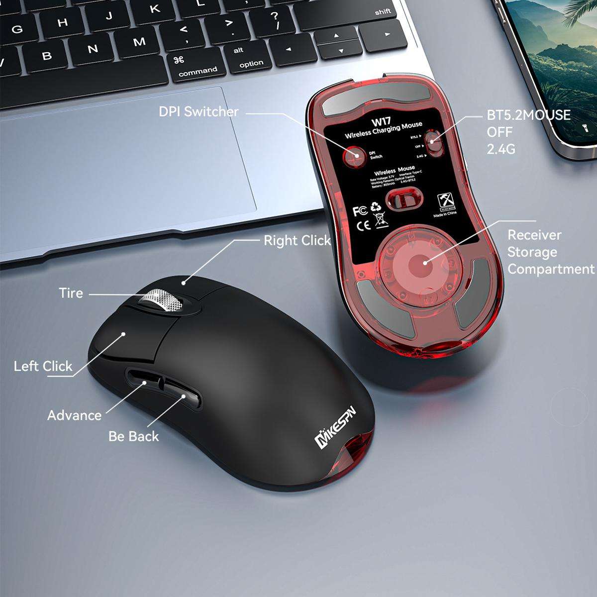 MKESPN Tri-Mode Wireless Gaming Mouse 24000 DPI, 6 RGB Lighting Modes, Rechargeable, Macro Programma