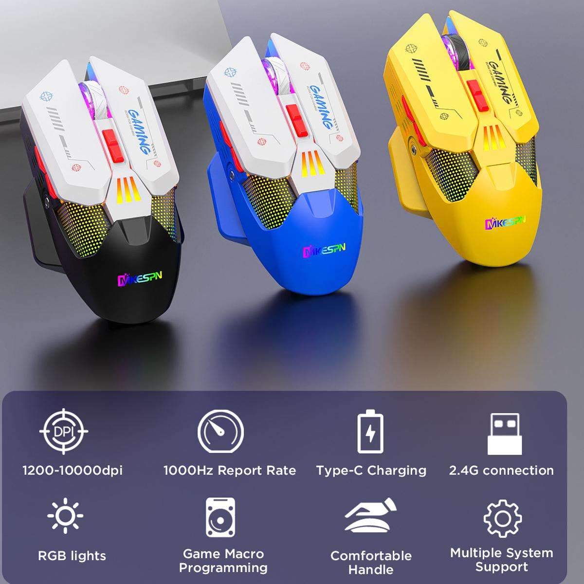 MKESPN Wired + 2.4G Dual Mode Gaming Mouse 10000 DPI Type-C Fast Charging RGB Light, Programmable Ma