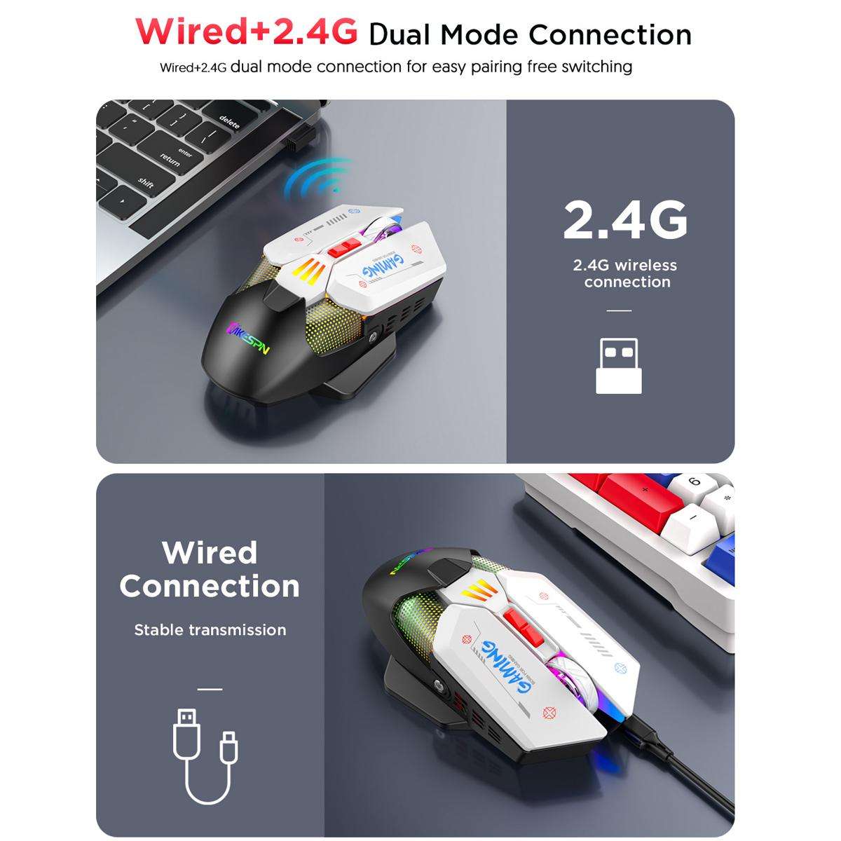 MKESPN Wired + 2.4G Dual Mode Gaming Mouse 10000 DPI Type-C Fast Charging RGB Light, Programmable Ma