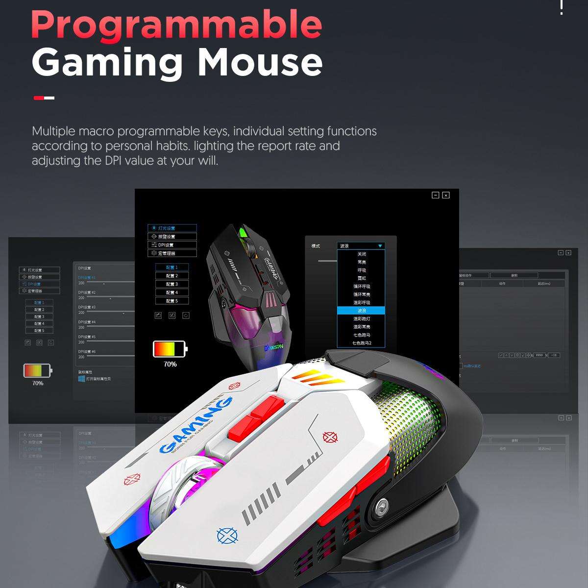 MKESPN Wired + 2.4G Dual Mode Gaming Mouse 10000 DPI Type-C Fast Charging RGB Light, Programmable Ma