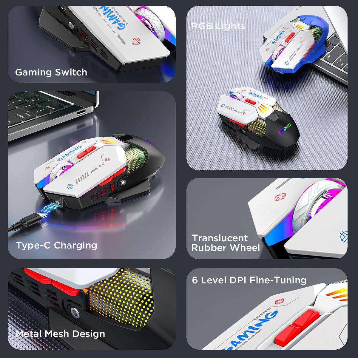 MKESPN Wired + 2.4G Dual Mode Gaming Mouse 10000 DPI Type-C Fast Charging RGB Light, Programmable Ma