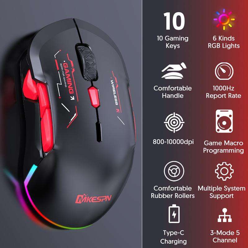 MKESPN W12 Tri-Mode 5-Channel Gaming Mouse 10-Key 10000 DPI Ambidextrous Design RGB Macro Mouse(Blue