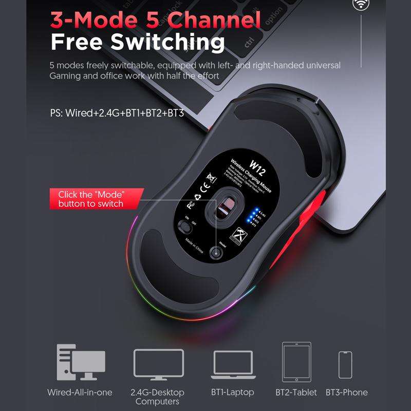 MKESPN W12 Tri-Mode 5-Channel Gaming Mouse 10-Key 10000 DPI Ambidextrous Design RGB Macro Mouse(Blue