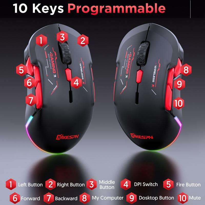 MKESPN W12 Tri-Mode 5-Channel Gaming Mouse 10-Key 10000 DPI Ambidextrous Design RGB Macro Mouse(Blue