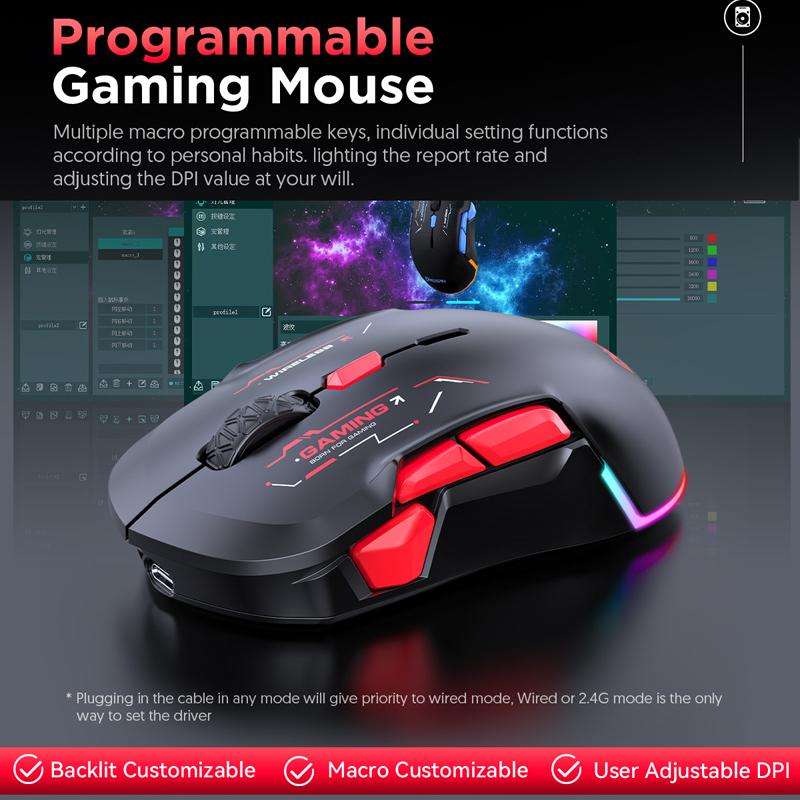 MKESPN W12 Tri-Mode 5-Channel Gaming Mouse 10-Key 10000 DPI Ambidextrous Design RGB Macro Mouse(Blue