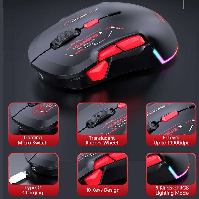 MKESPN W12 Tri-Mode 5-Channel Gaming Mouse 10-Key 10000 DPI Ambidextrous Design RGB Macro Mouse(Blue