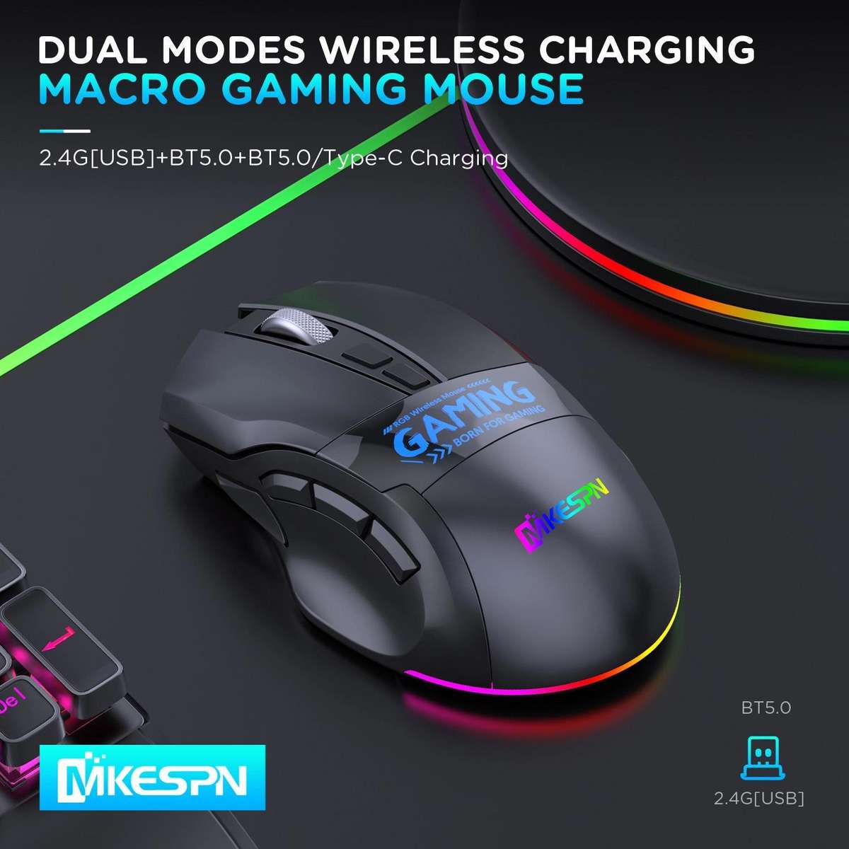 MKESPN W10 Tri-Mode Wireless Gaming Mouse 2400DPI with 9 Programmable Buttons, RGB Lighting, Type-C