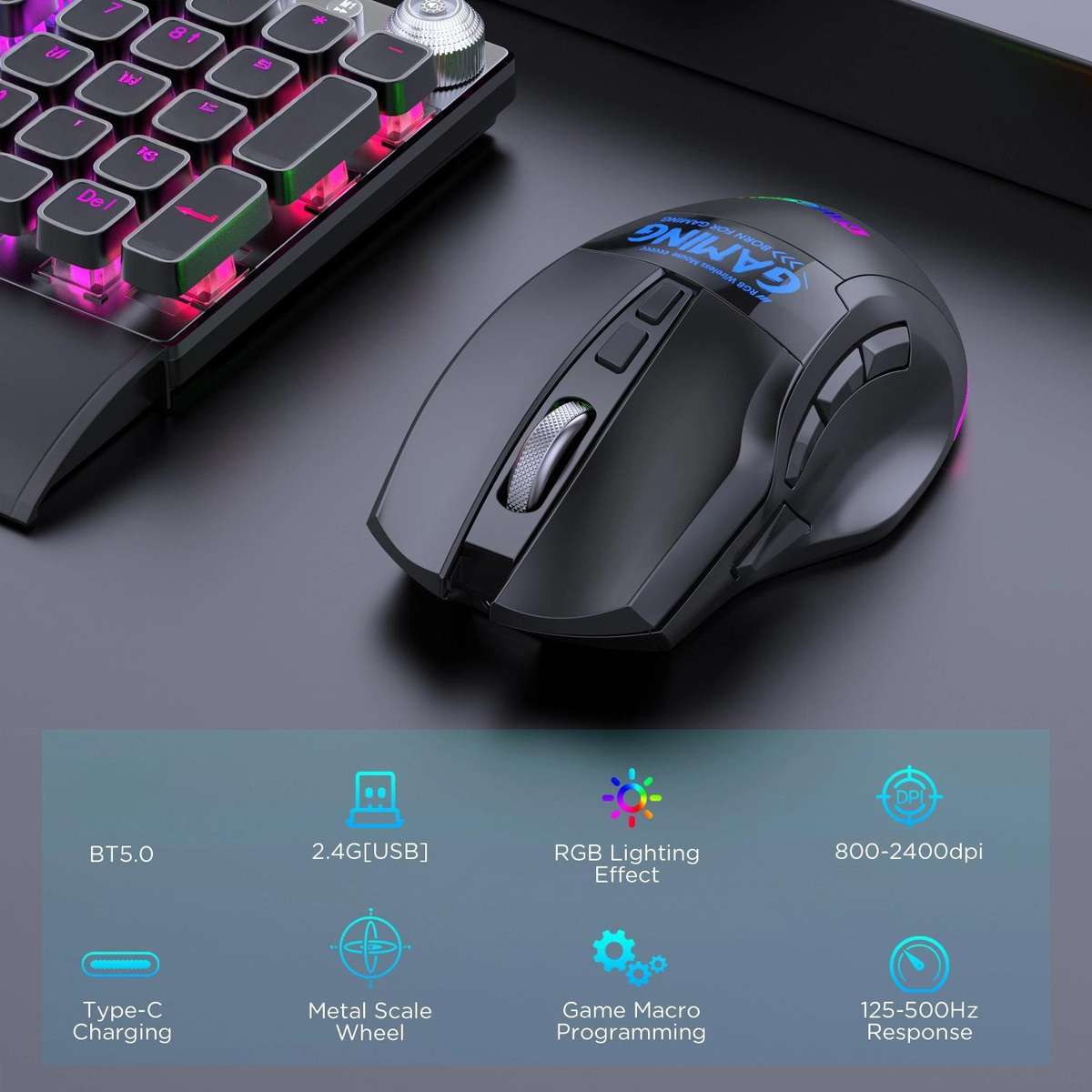 MKESPN W10 Tri-Mode Wireless Gaming Mouse 2400DPI with 9 Programmable Buttons, RGB Lighting, Type-C
