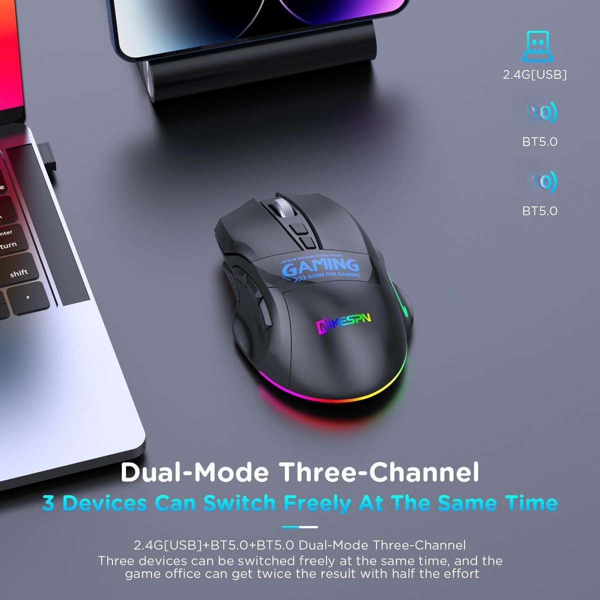 MKESPN W10 Tri-Mode Wireless Gaming Mouse 2400DPI with 9 Programmable Buttons, RGB Lighting, Type-C