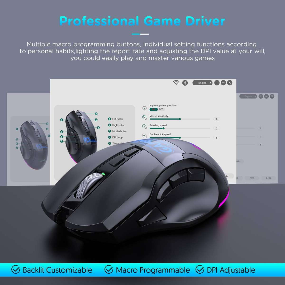 MKESPN W10 Tri-Mode Wireless Gaming Mouse 2400DPI with 9 Programmable Buttons, RGB Lighting, Type-C