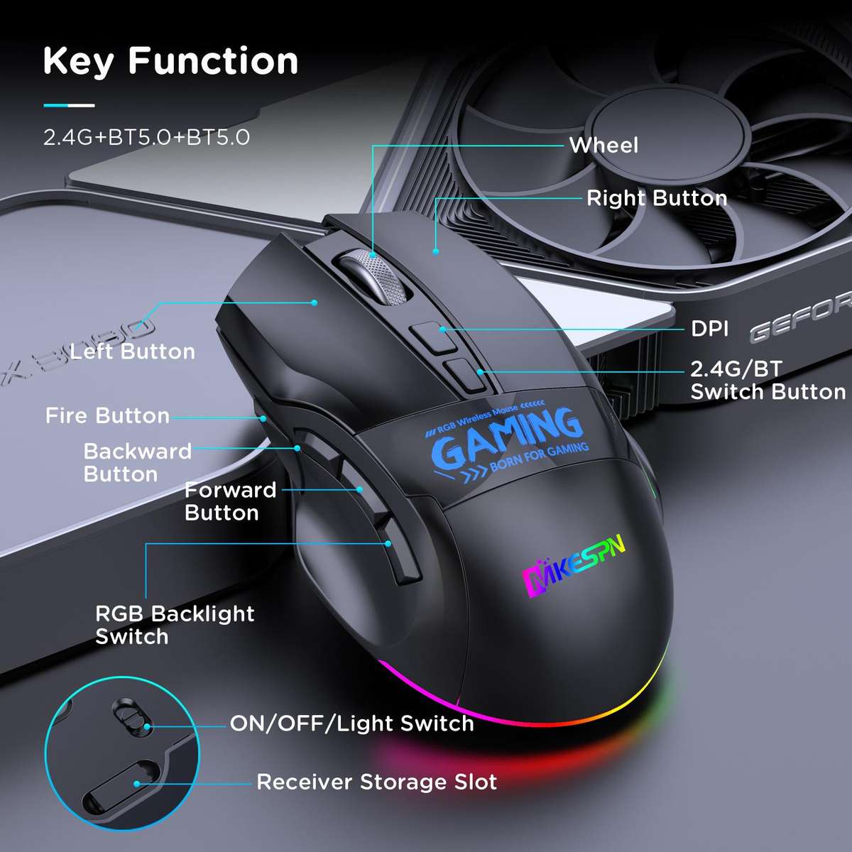 MKESPN W10 Tri-Mode Wireless Gaming Mouse 2400DPI with 9 Programmable Buttons, RGB Lighting, Type-C
