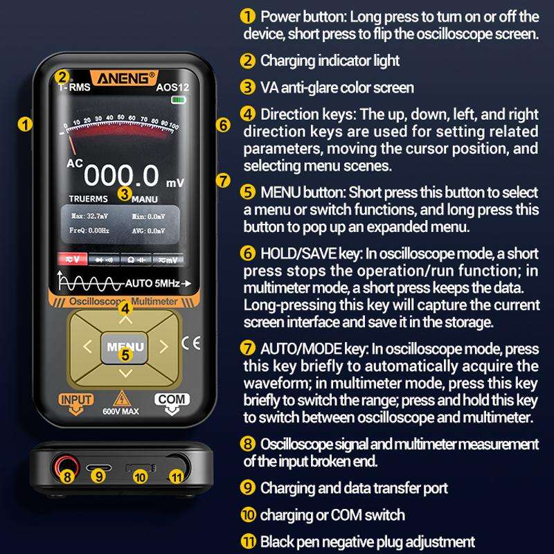 ANENG 2 In 1 Handheld Color Screen Oscilloscope Digital Multimeter(AOS12)