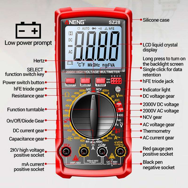 ANENG 2000V High Voltage High Precision Photovoltaic Digital Multimeter(SZ28 Red)