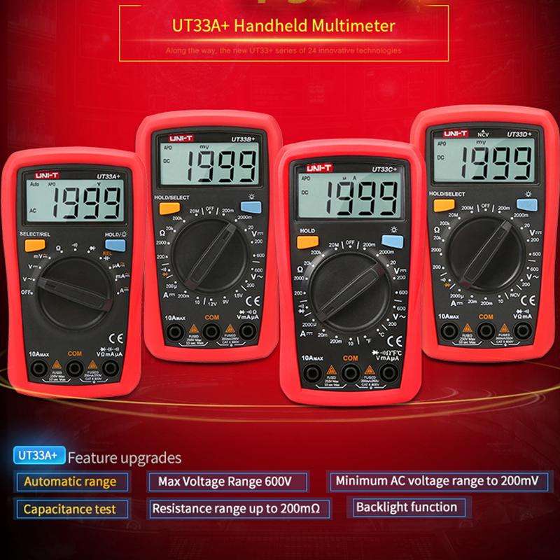 UNI-T UT33D+ Palm Size Multimeter With Backlit LCD Display, 600V 10A AC/DC Voltage Tester