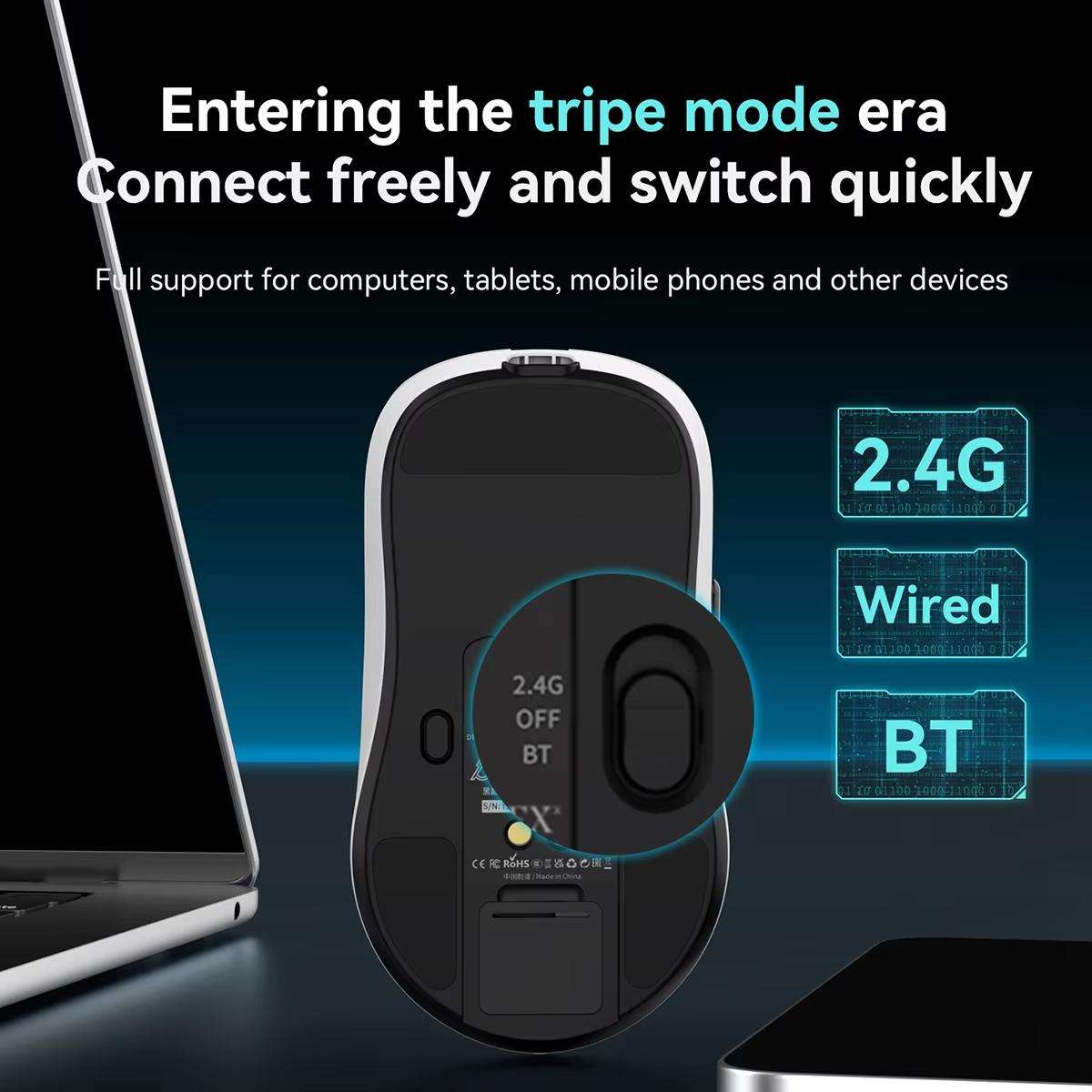 Ajazz AJ159P MC Tri-Mode Magnetic Wireless Mouse Ergonomic Lightweight Silent Gaming Mice(Black)