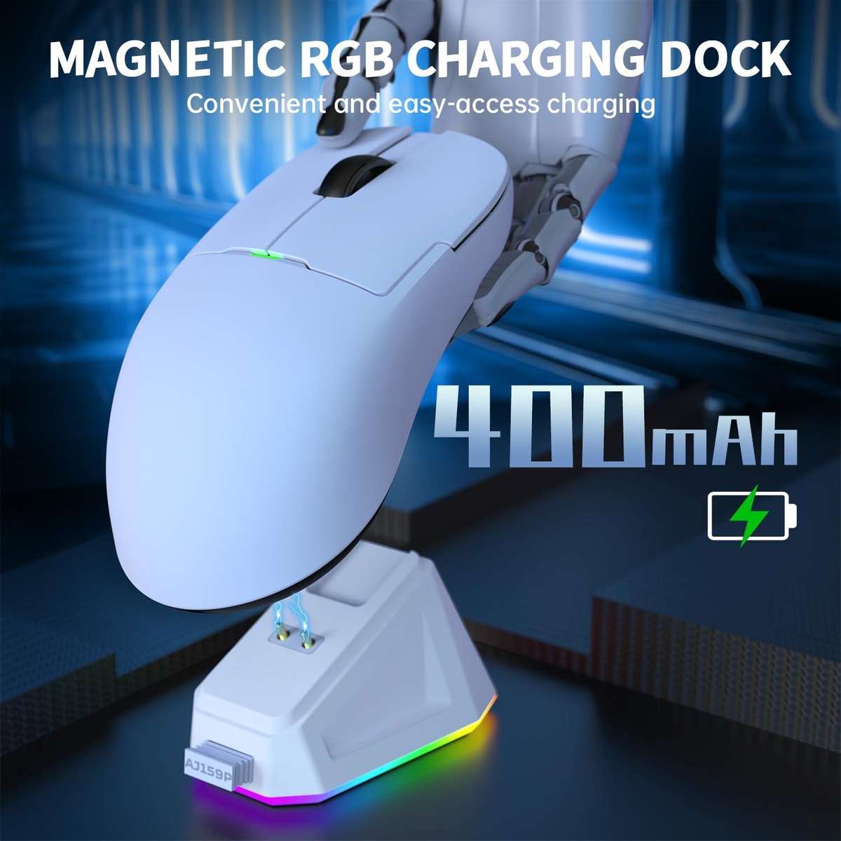 Ajazz 2.4G / Wired Dual Mode Gaming Mouse PAW3395 Chip, Spec: AJ159P With Charge Dock White