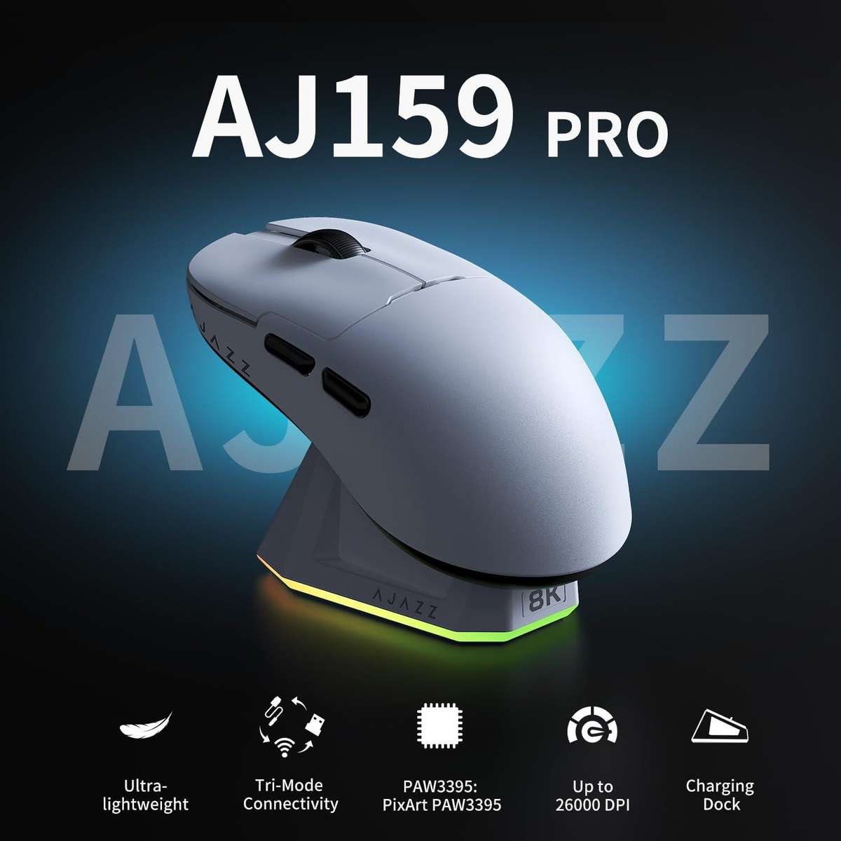 Ajazz AJ159PRO Wired / 2.4G / Bluetooth Tri-mode Gaming Mouse With Magnetic Charging Base(White)