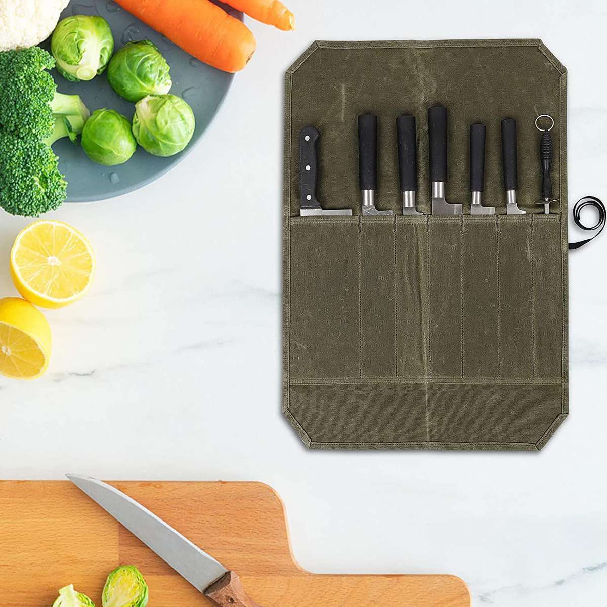 Wet Wax Canvas Knife Organizer Picnic Portable Storage Bag(Army Green)